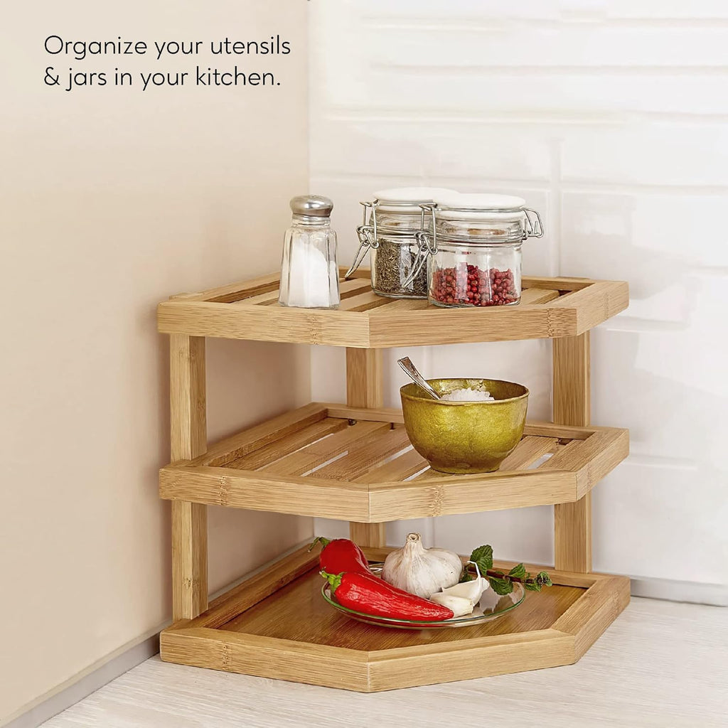 Étagère d'angle en bambou à 3 niveaux