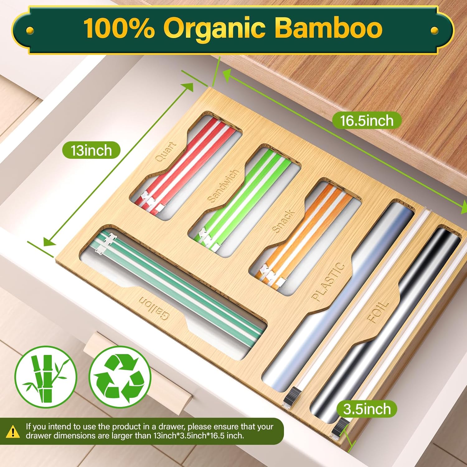 Organiseur 6 en 1 pour papier aluminium et film plastique en bambou pour tiroir de cuisine